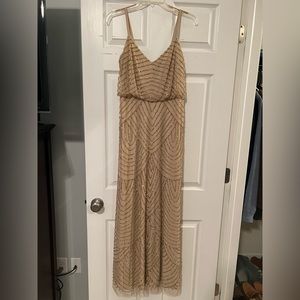 Adrianna Papell Art Deco Dress. Champagne/Gold color, size 8P. Floor length